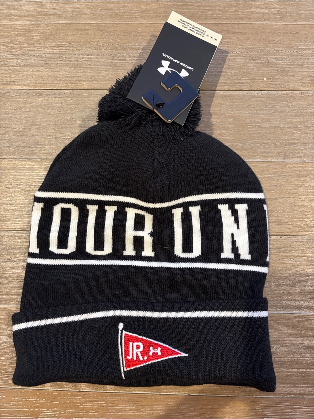 Under Armour Black and White Beanie with Jr Golf Tour Red Pennant